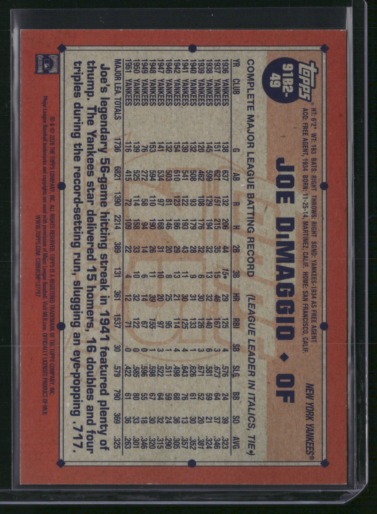 Joe DiMaggio 2026 Topps 75th Anniversary #91B2-49 Red Atomic Refractor /5