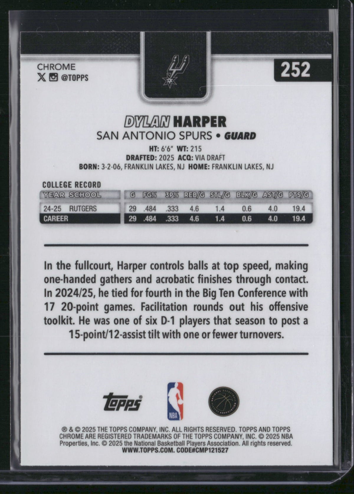 Dylan Harper 2025 Topps Chrome #252 X-Fractor RC