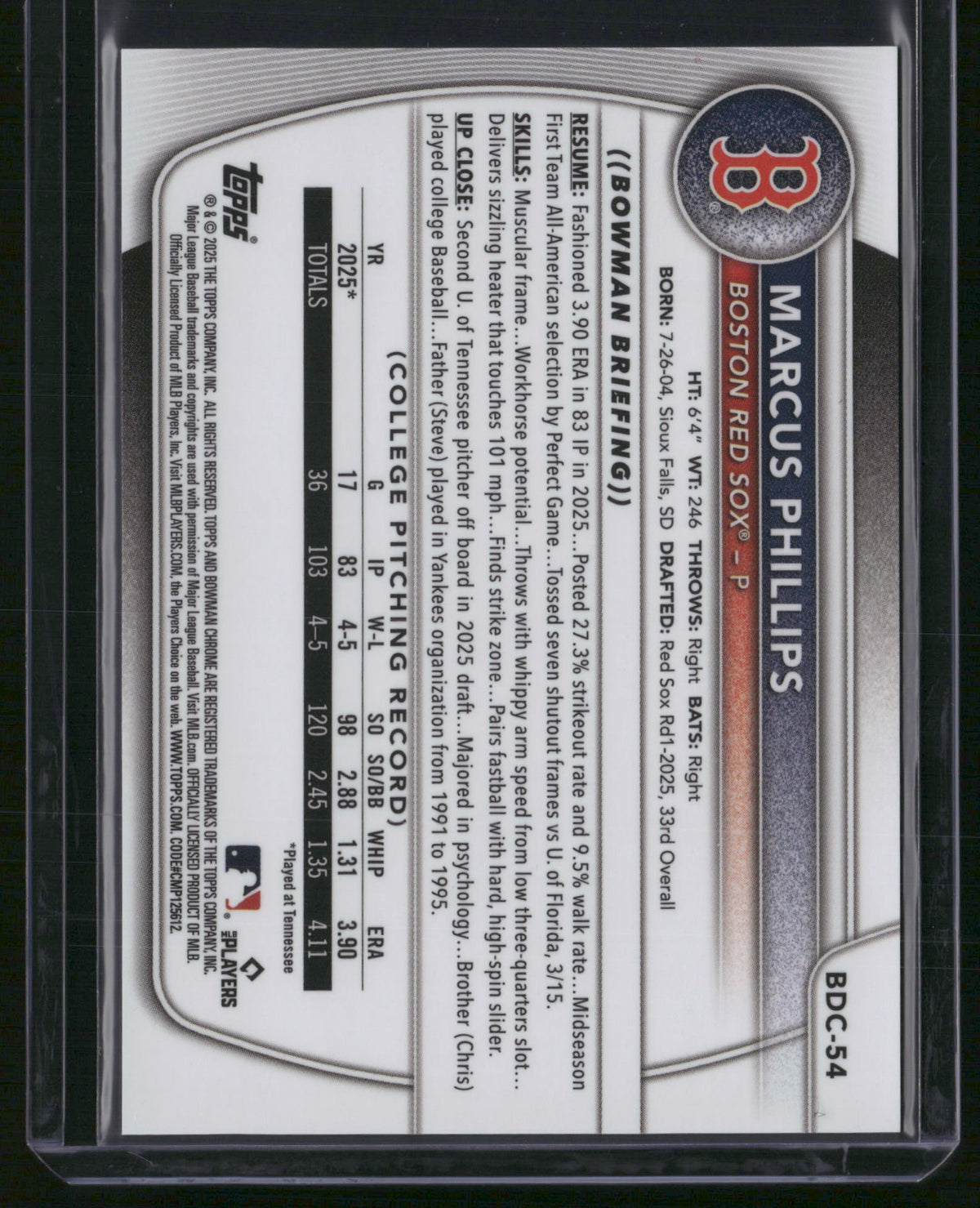 Marcus Phillips 2025 Bowman Chrome Draft #BDC-54 Red Refractor /15.