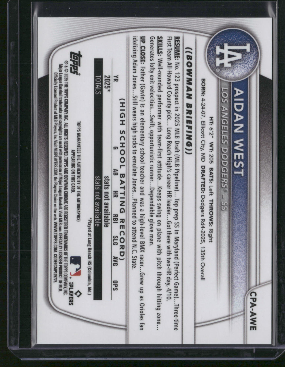 Aidan West 2025 Bowman Chrome #CPA-AWE Green Refractor /10.
