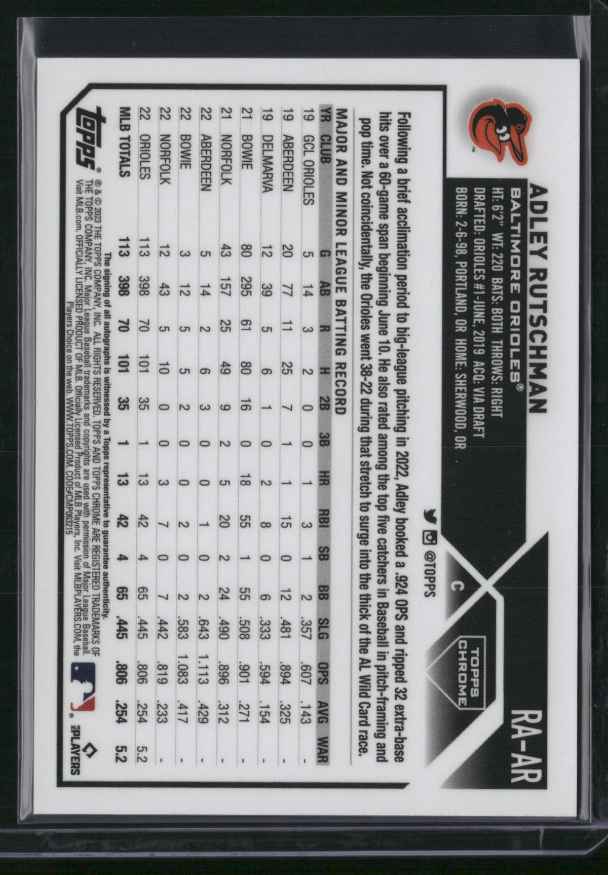 Adley Rutschman 2023 Topps Chrome #RA-AR Aqua Wave Refractor /199 RC