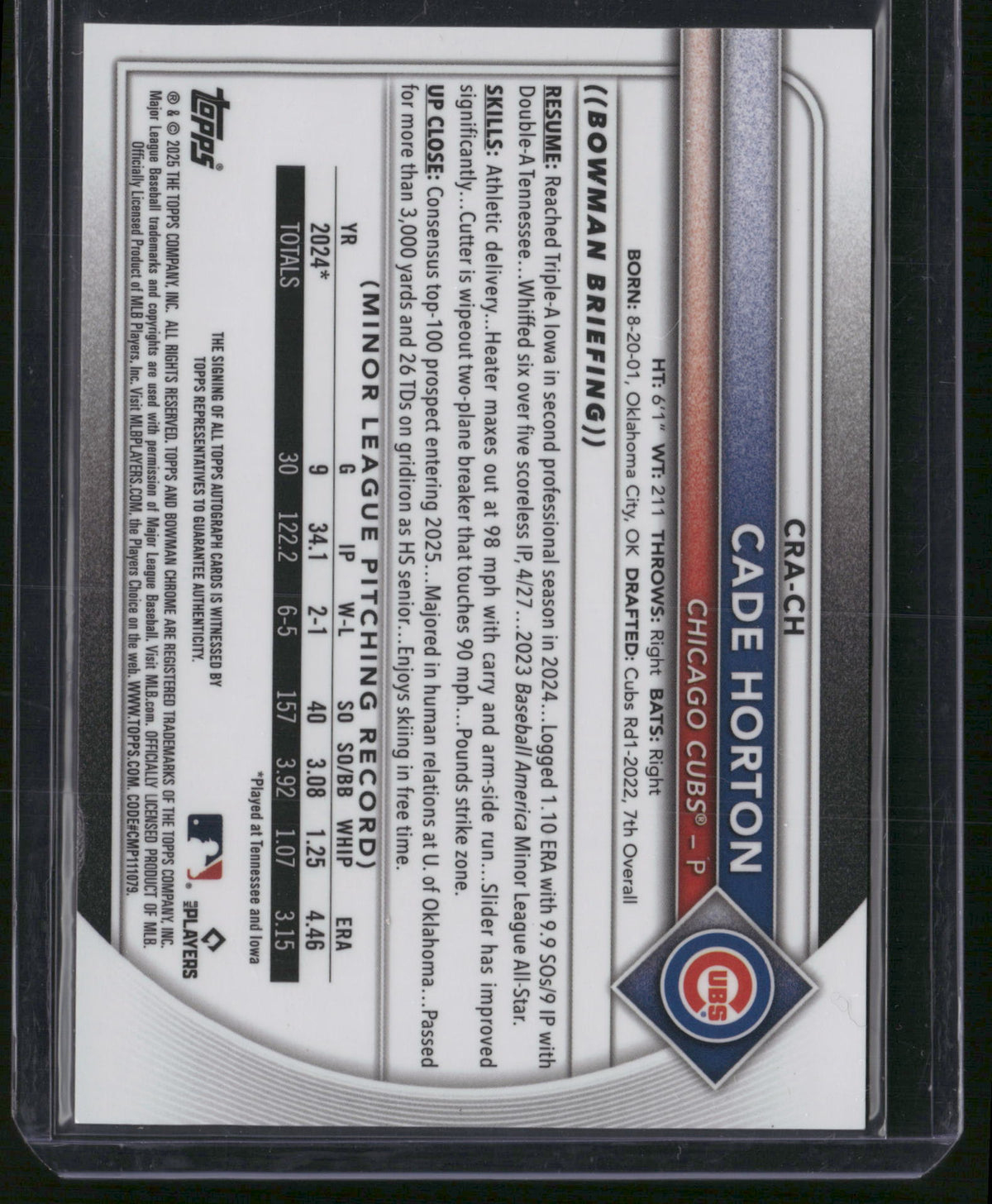 Cade Horton 2024 Bowman Chrome #CRA-CH Yellow Mojo Refractor /50 RC