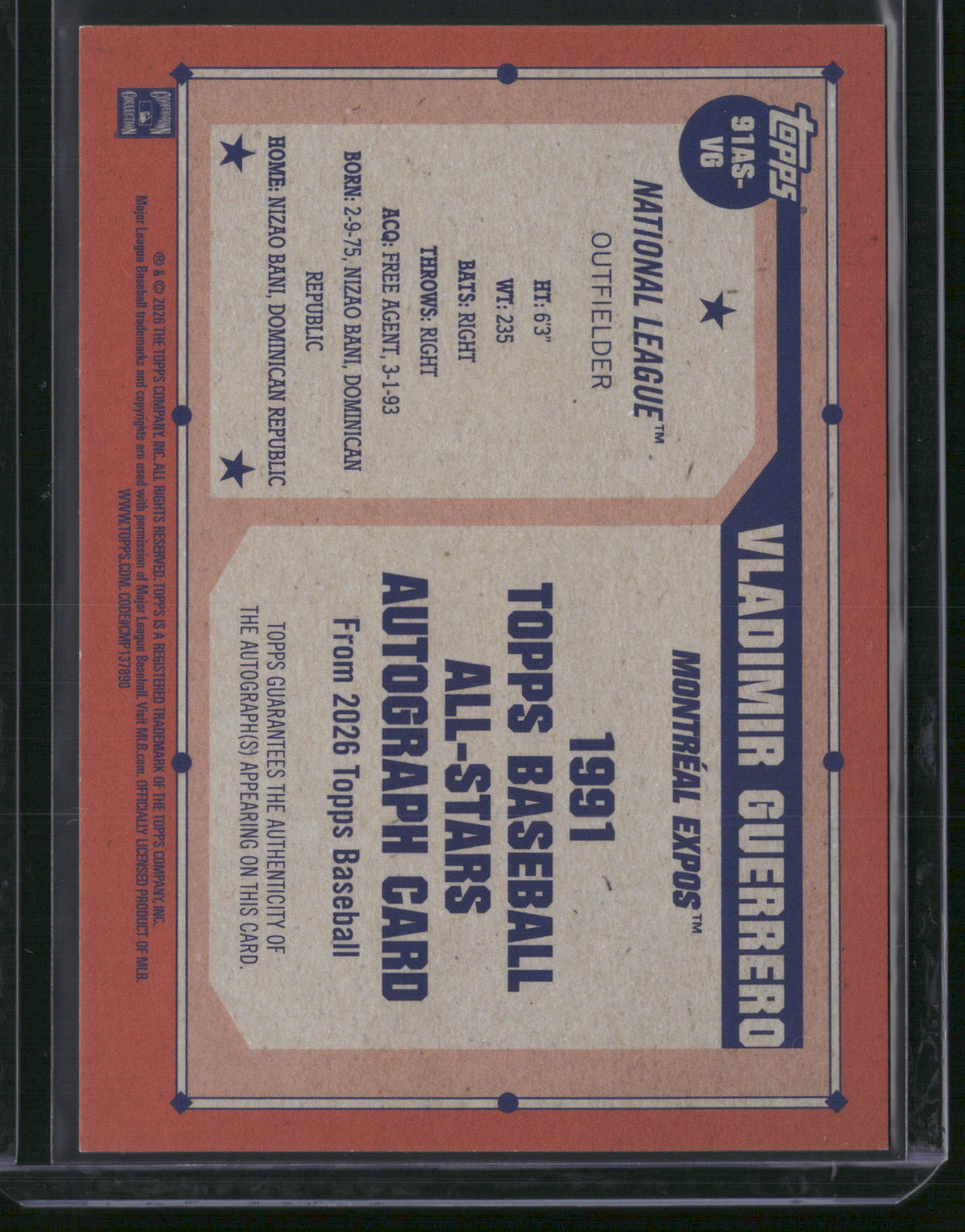 Vladimir Guerrero 2026 Topps Baseball 1991 Topps Baseball All-Stars Autograph Card #91AS-VG