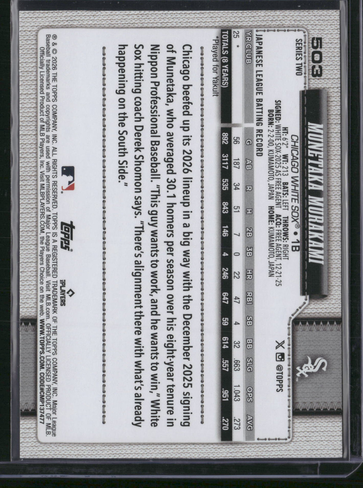Munetaka Murakami 2026 Topps Series Two #503 Aqua RC