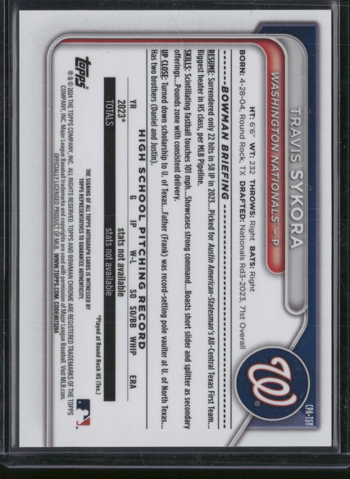 Travis Sykora 2024 Bowman Chrome #CPA-TSY 1st Bowman