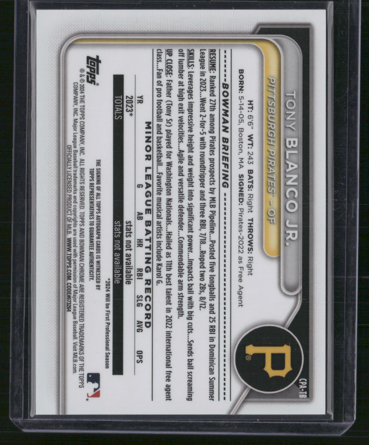 Tony Blanco Jr. 2024 Topps Bowman Chrome #CPA-TB /12.