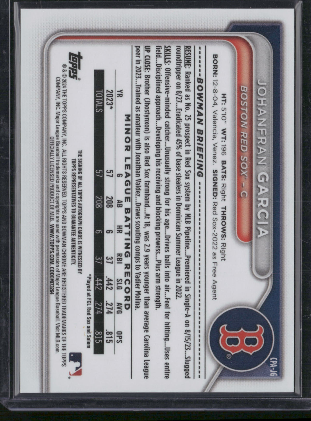 Johanfran Garcia 2024 Bowman Chrome #CPA-JG Yellow Refractor /50 1st Bowman