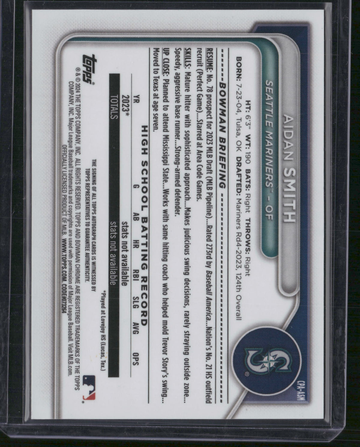 Aidan Smith 2024 Topps Bowman Chrome #CPA-ASM Speckle Refractor 1st Bowman