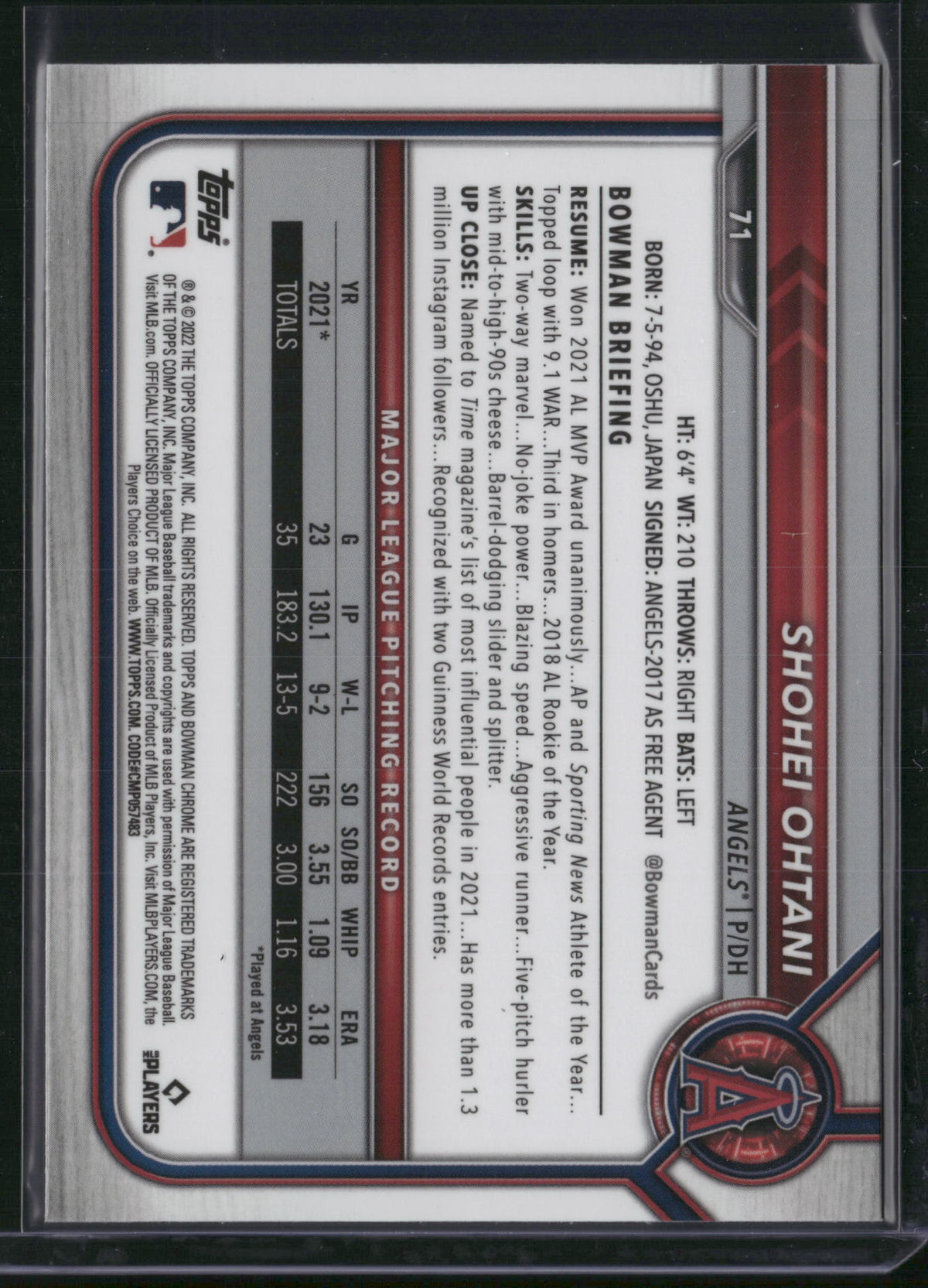 Shohei Ohtani 2022 Bowman Chrome #71 Blue Sapphire Refractor