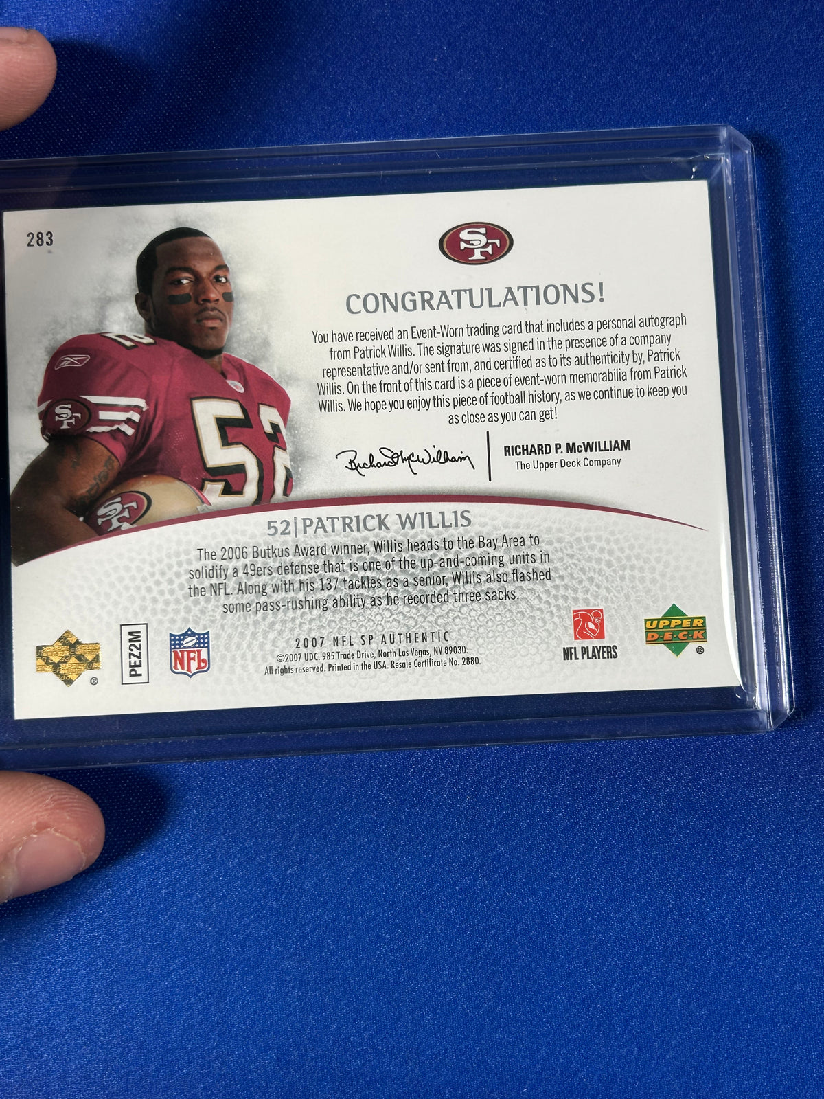 Patrick Willis 2007 Upper Deck SP Authentic #283 /725 Autograph Patch