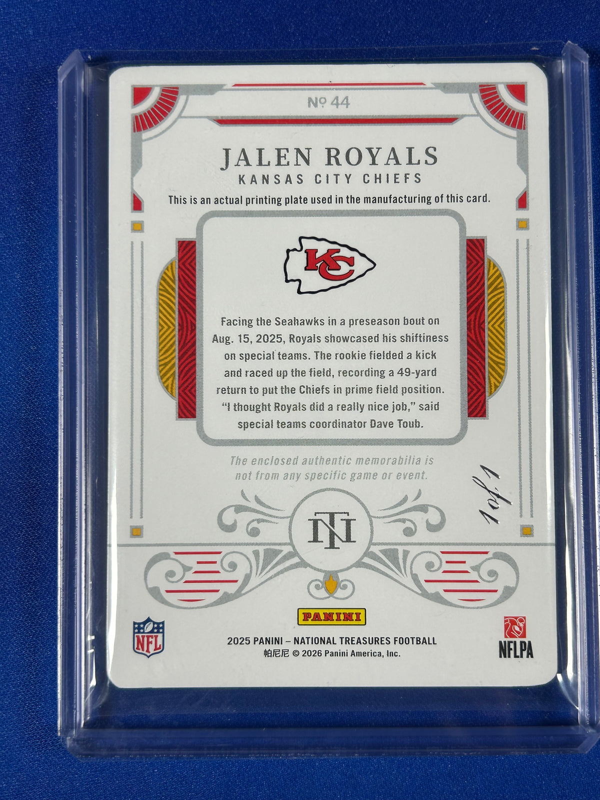 Jalen Royals 2026 Panini National Treasures #44 Printing Plate 1 of 1 /1 Printing Plate Patch Memorabilia