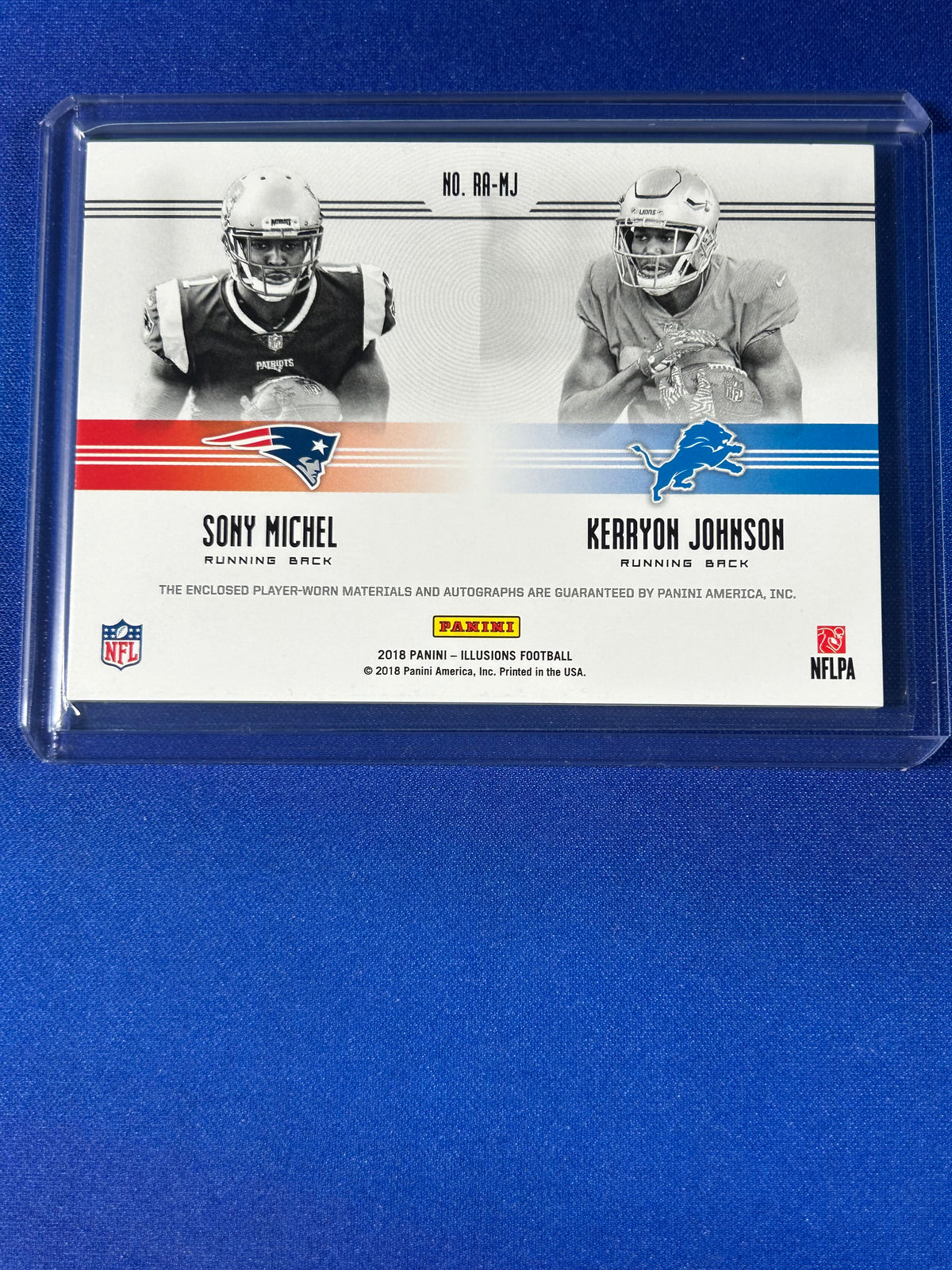 Sony Michel Kerryon Johnson 2018 Panini Illusions Rookie Reflection #RR-MJ Rookie Patch Autograph Dual Memorabilia Dual Autograph