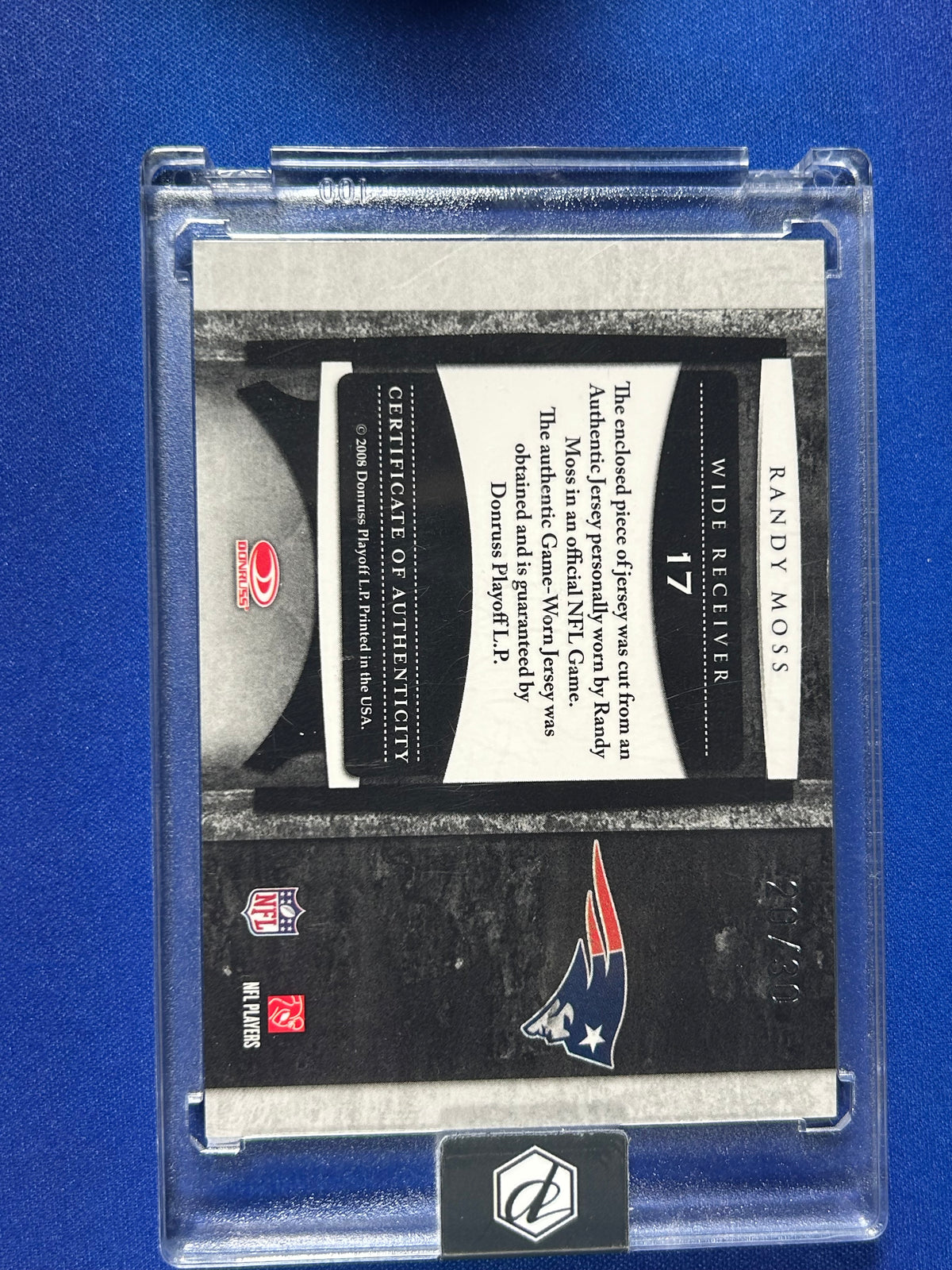 Randy Moss 2008 Leaf Limited #17 /30 Game-Worn Jersey Memorabilia