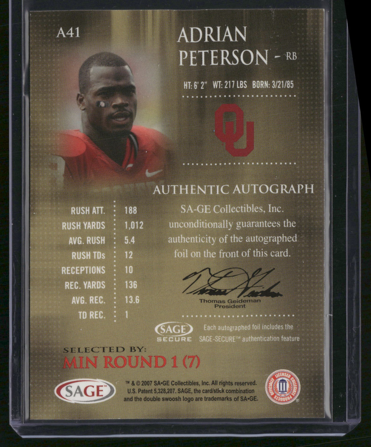 Adrian Peterson 2007 SAGE Gold Level #A41