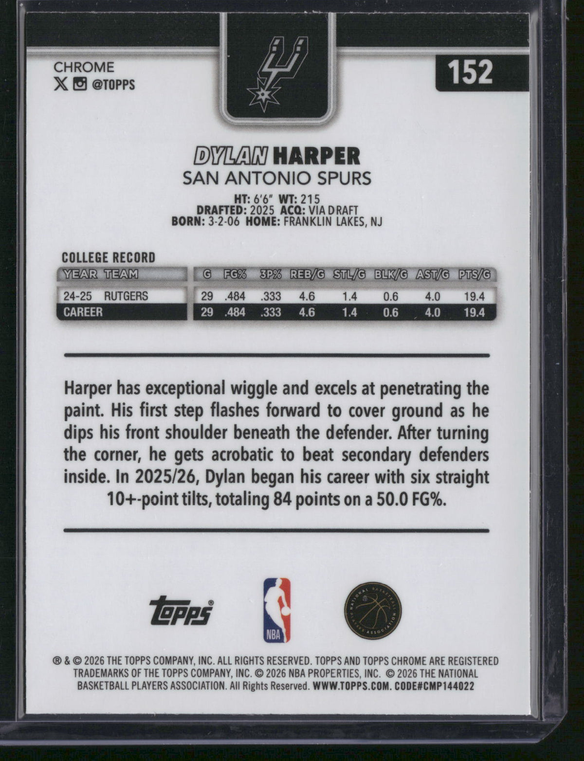 Dylan Harper 2026 Topps Chrome #152 RC