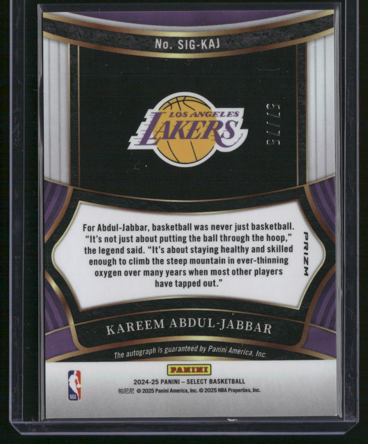 Kareem Abdul-Jabbar 2025 Panini Select #SIG-KAJ Purple Prizm /75