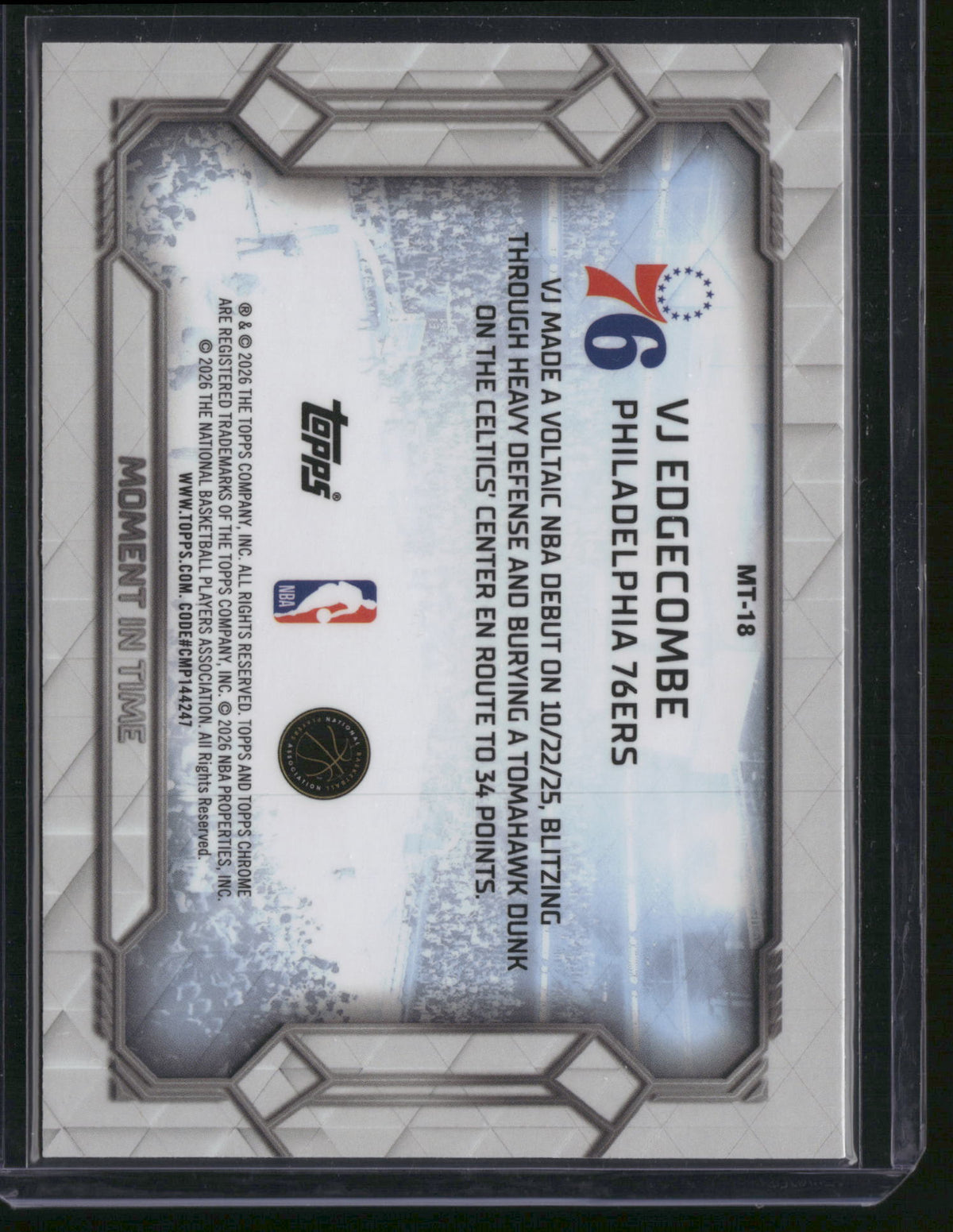 VJ Edgecombe 2026 Topps Chrome Moment in Time #MT-18 Purple RC