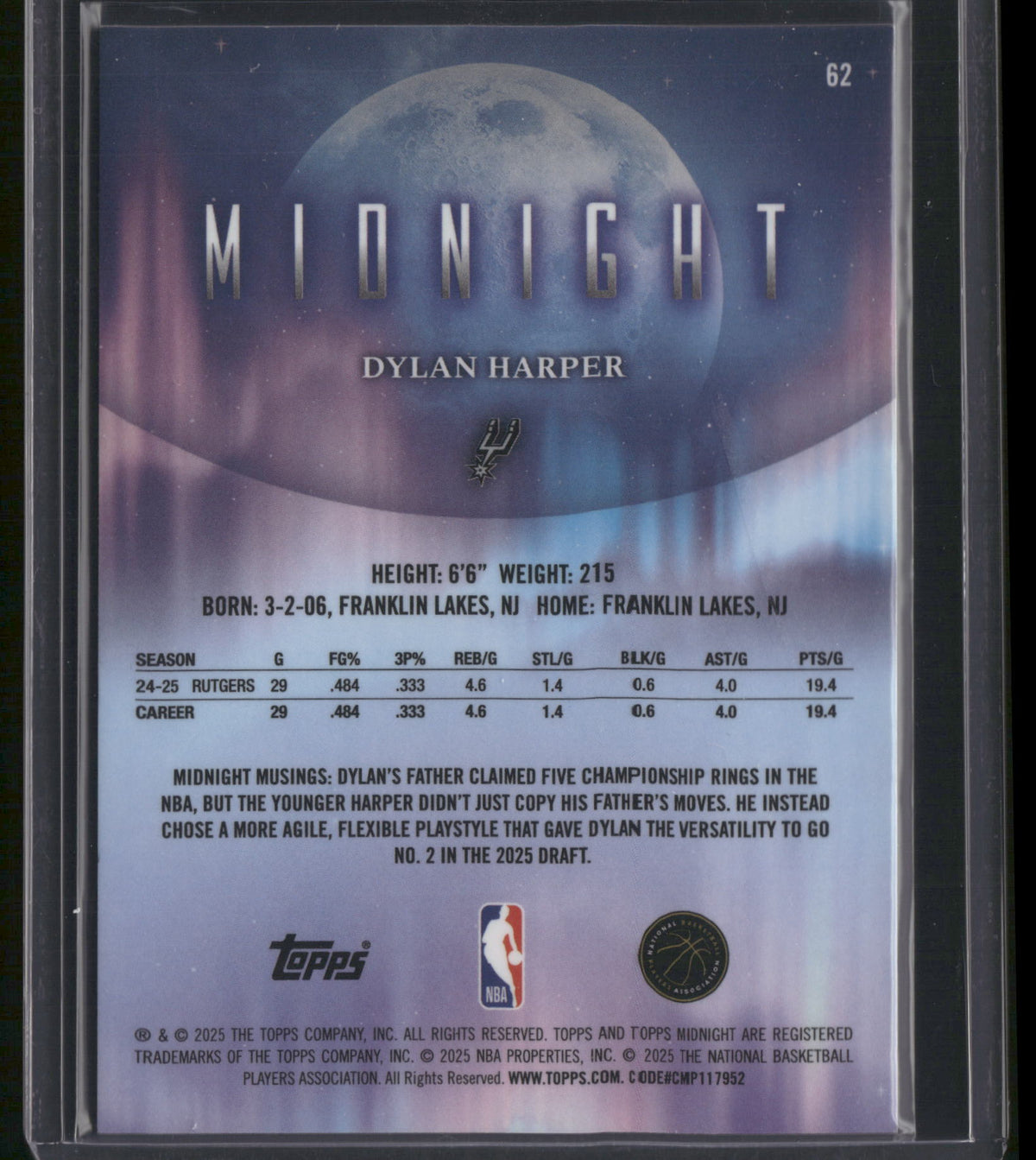 Dylan Harper 2025 Topps Midnight #62 RC