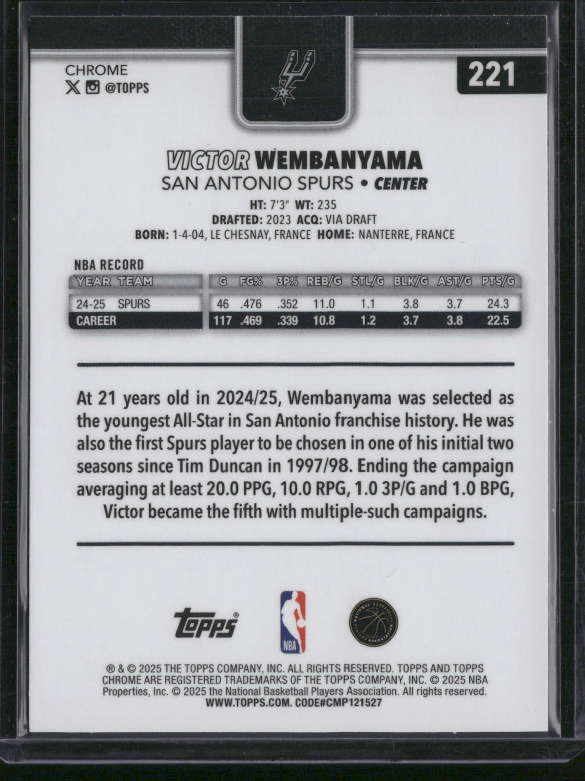 Victor Wembanyama 2025 Topps Chrome Basketball #221