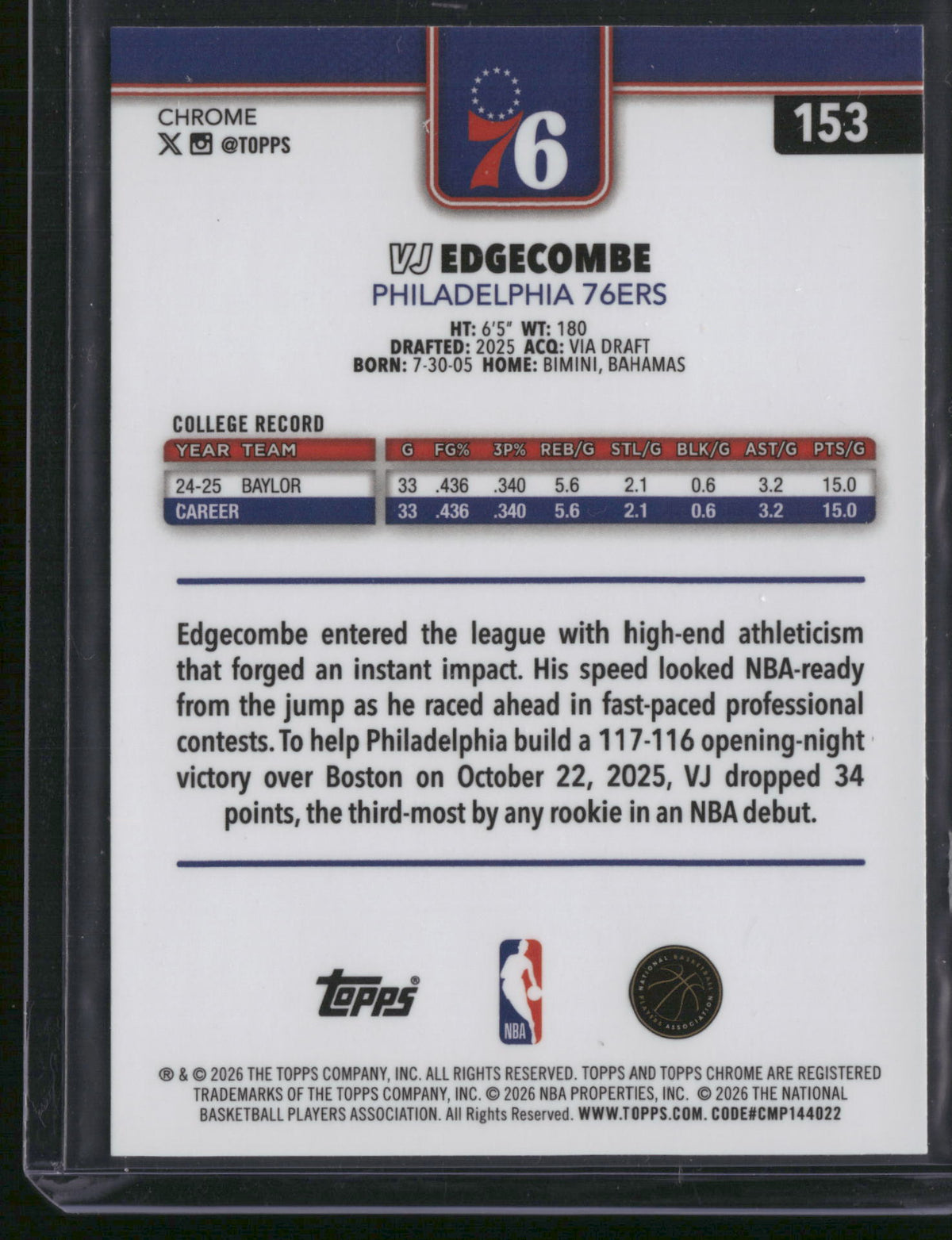 VJ Edgecombe 2026 Topps Chrome #153 RC