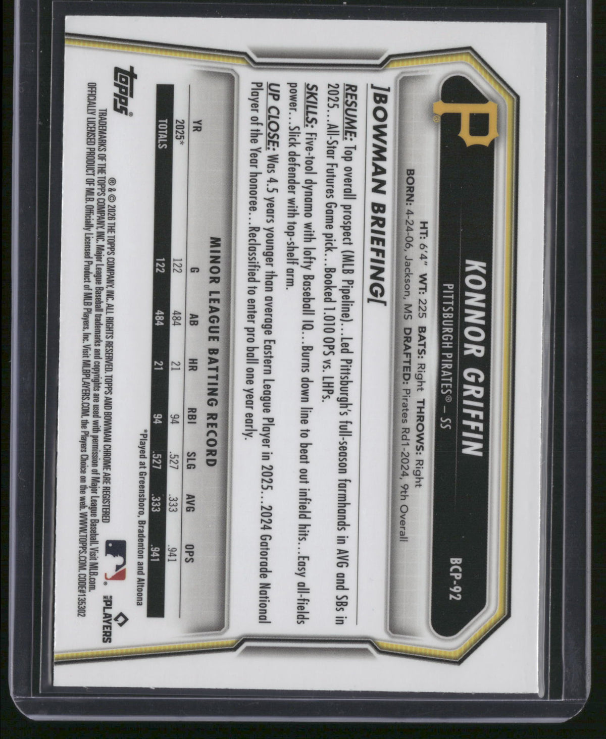 Konnor Griffin 2026 Bowman Chrome #BCP-92 Green Shimmer Refractor /99