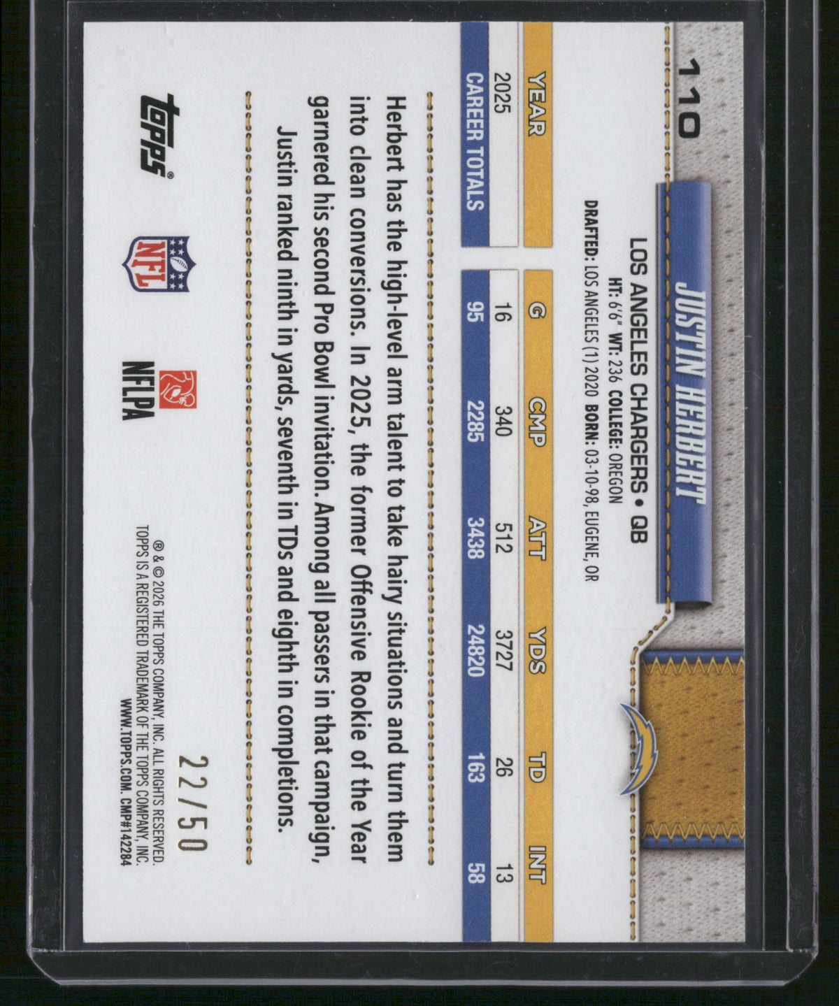 Justin Herbert 2026 Topps #110 Gold /50