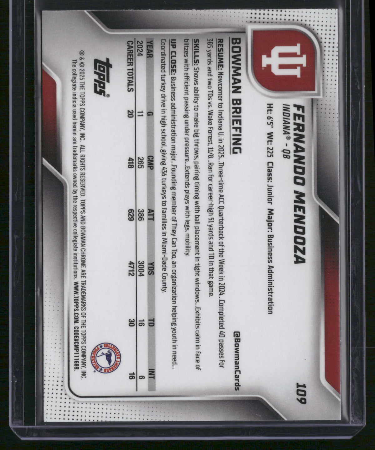 Fernando Mendoza 2025 Bowman Chrome University #109 Aqua /325