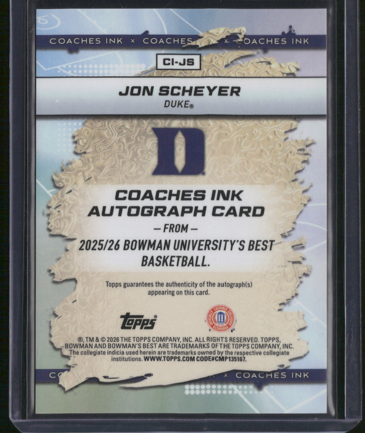 Jon Scheyer 2026 Bowman University's Best Basketball #CI-JS Autograph Coaches Ink