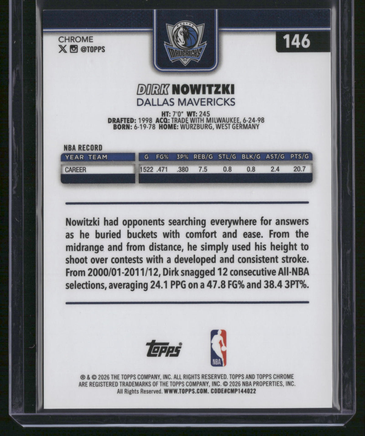 Dirk Nowitzki 2026 Topps Chrome #146 Black /10