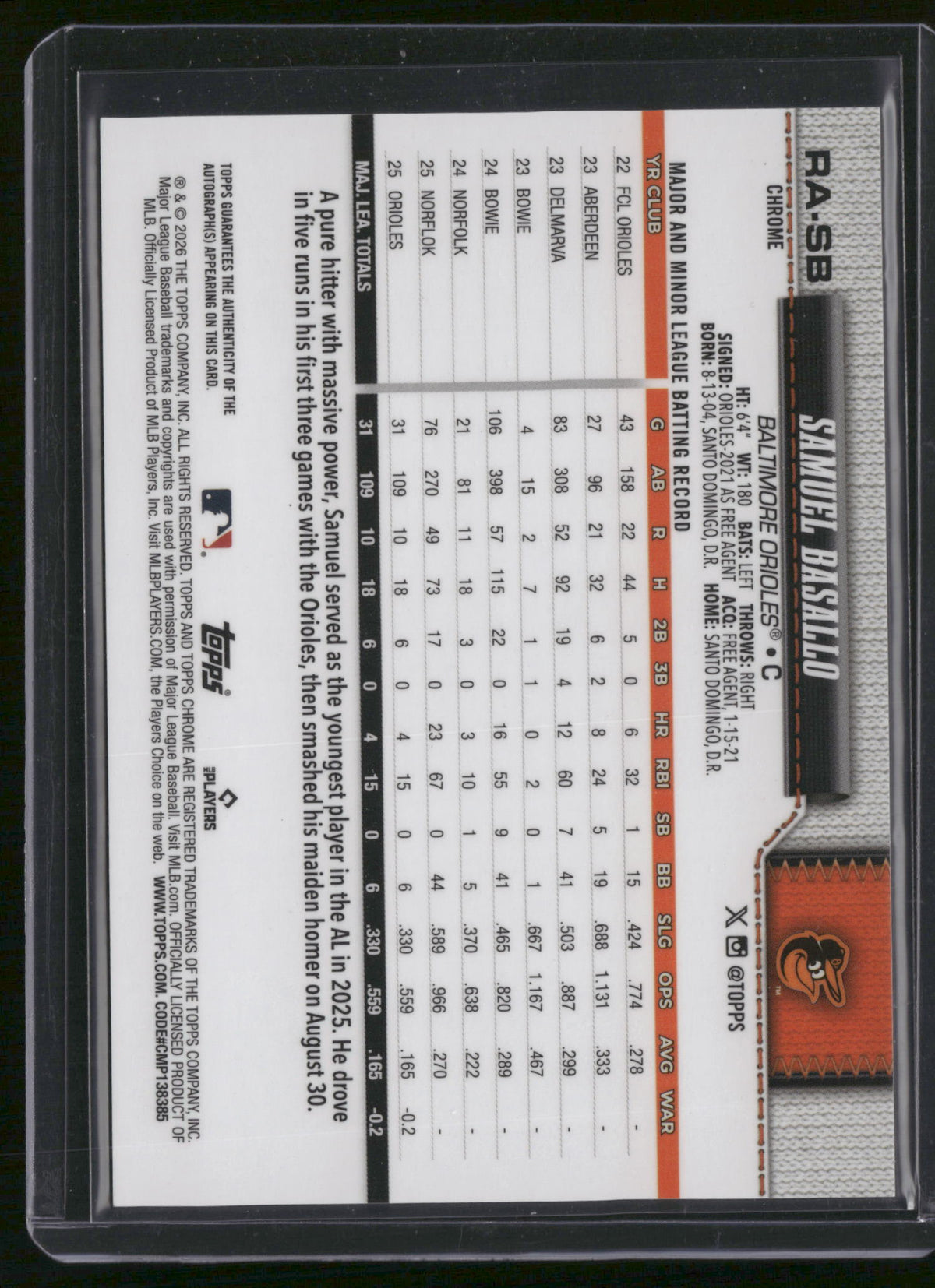 Samuel Basallo 2026 Topps Chrome #RA-SB Aqua /299 RC