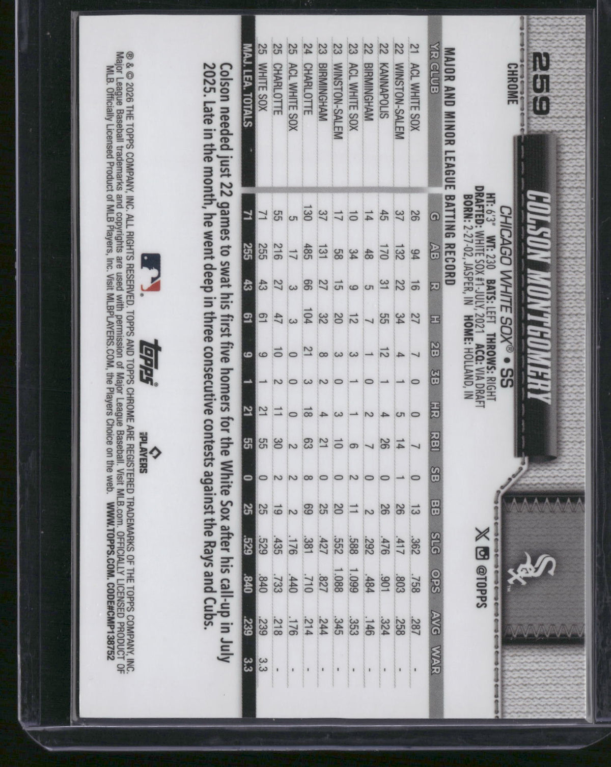 Colson Montgomery 2026 Topps Chrome #259 Green /99 RC