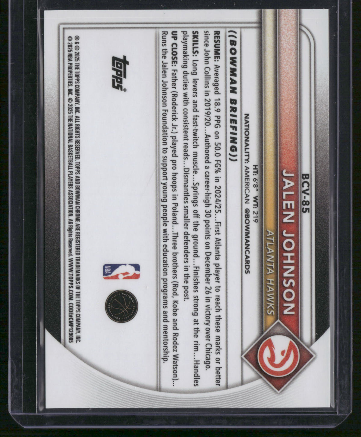 Jalen Johnson 2025 Bowman Chrome University #BCV-85 Rose Gold Checkerboard /15