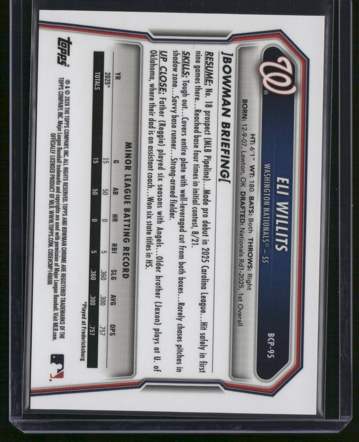 Eli Willits 2026 Bowman Chrome #BCP-95 Yellow Mojo Refractor
