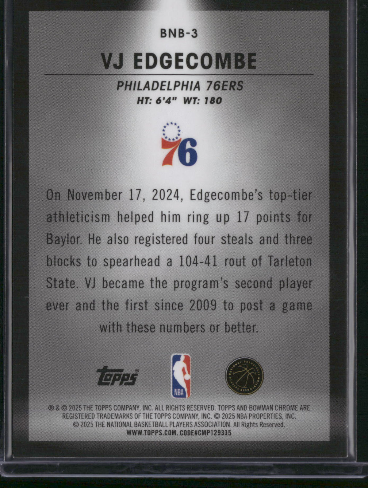 VJ Edgecombe 2025 Bowman Chrome #BNB-3 RC