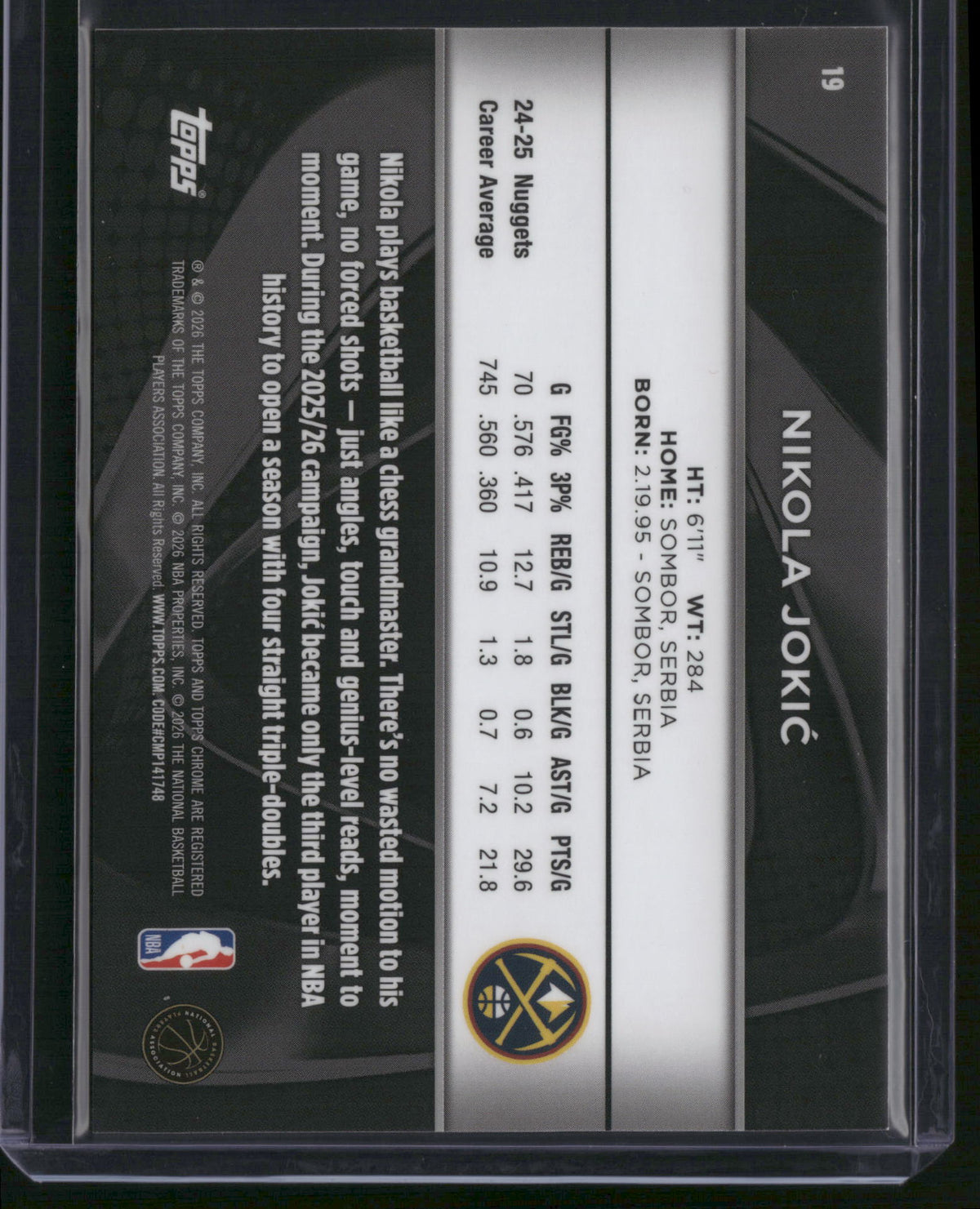 Nikola Jokić 2026 Topps Chrome Black #19 Gold Refractor /50