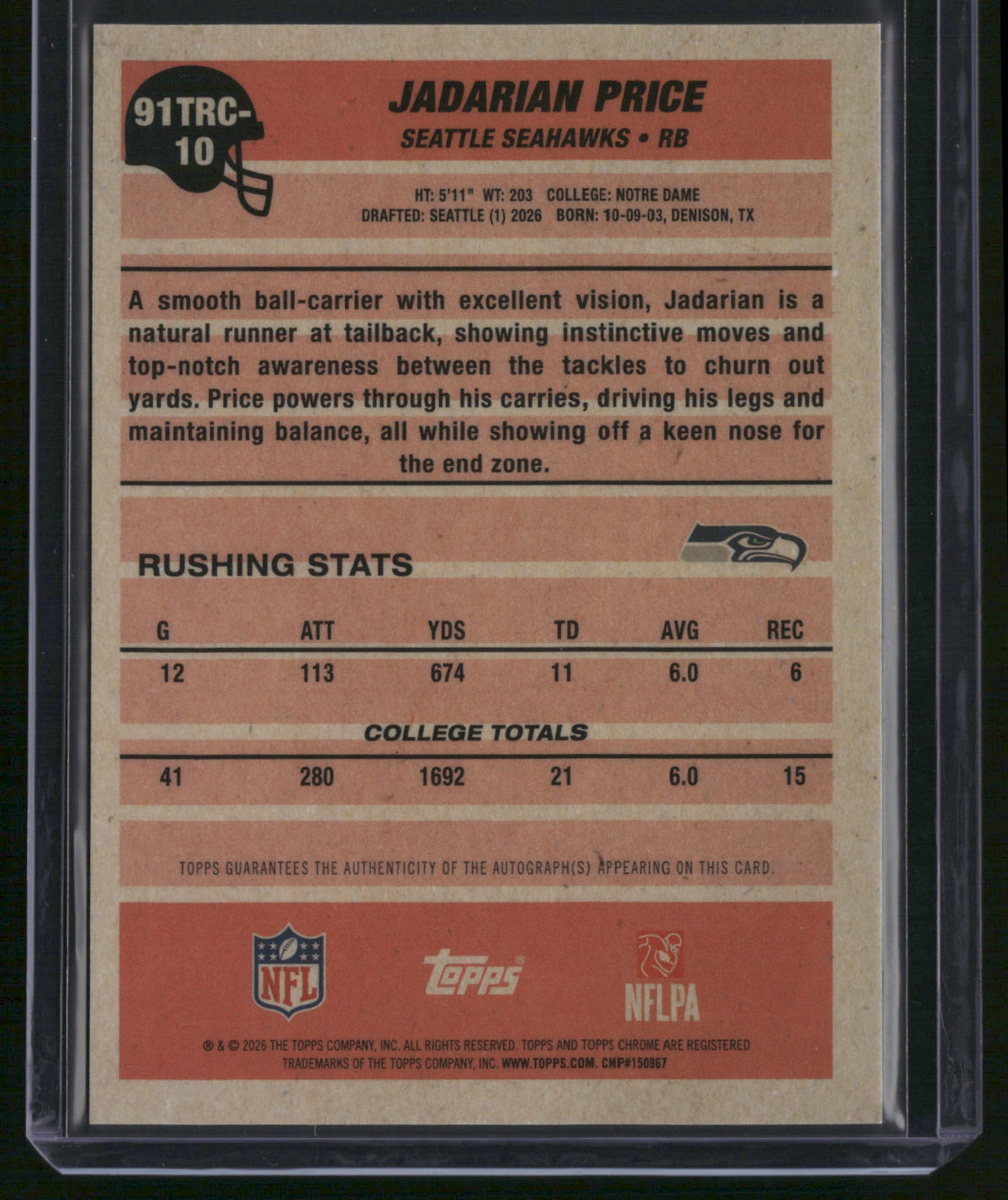 Jadarian Price 2026 Topps Chrome 1991 Topps Football #91TRC-10 Silver Wave Refractor Autograph RC