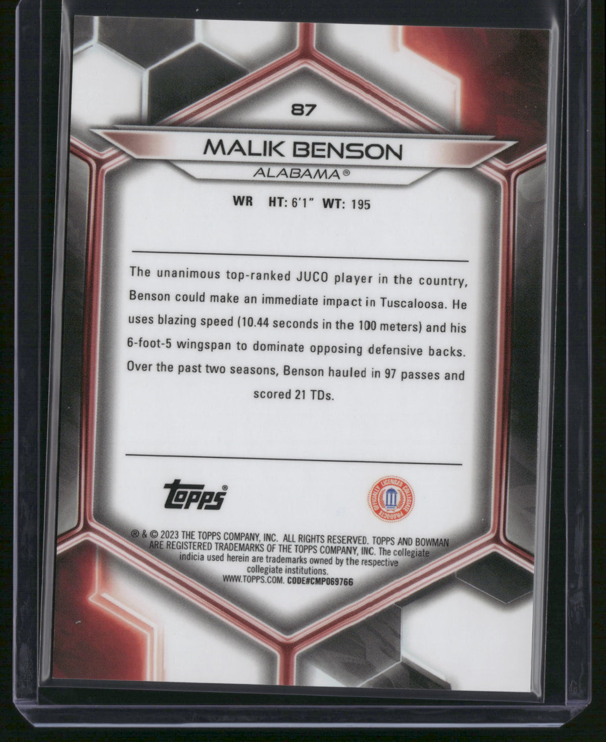Malik Benson 2023 Bowman University Best #87 Orange Refractor /25
