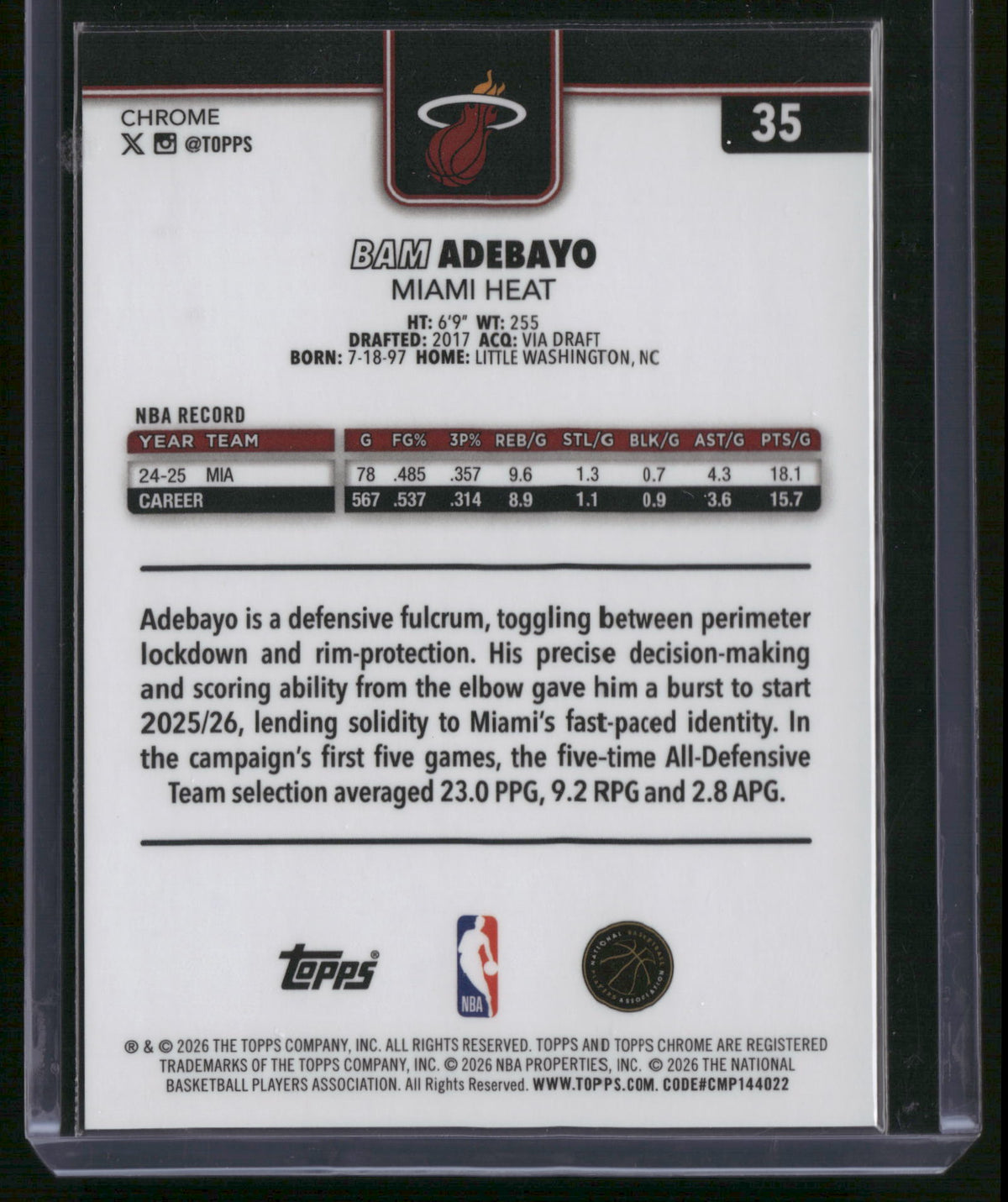 Bam Adebayo 2026 Topps Chrome #35 Black /10