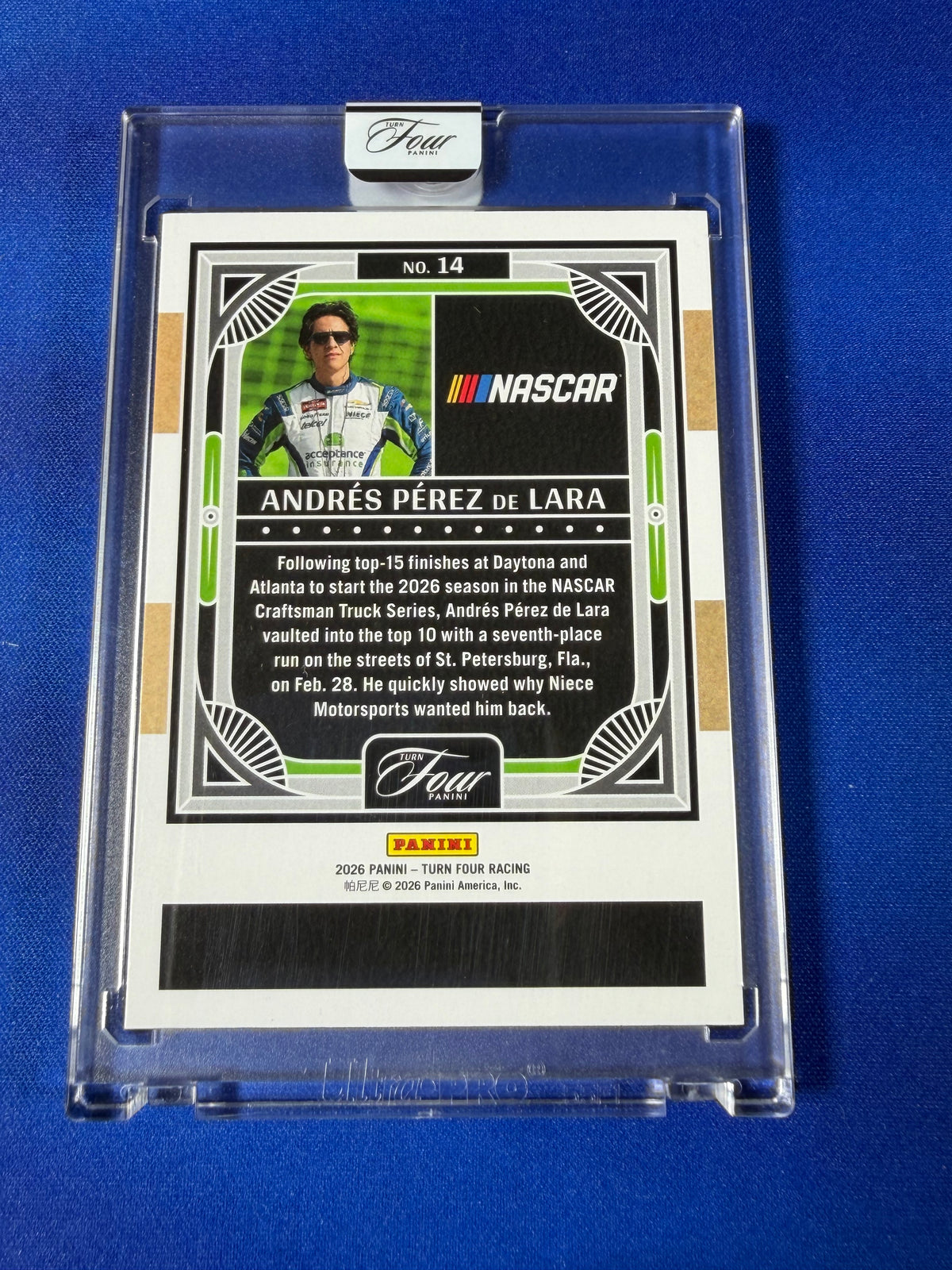 Andrés Pérez de Lara 2026 Panini Turn Four Racing #14 Holo Platinum 1/1