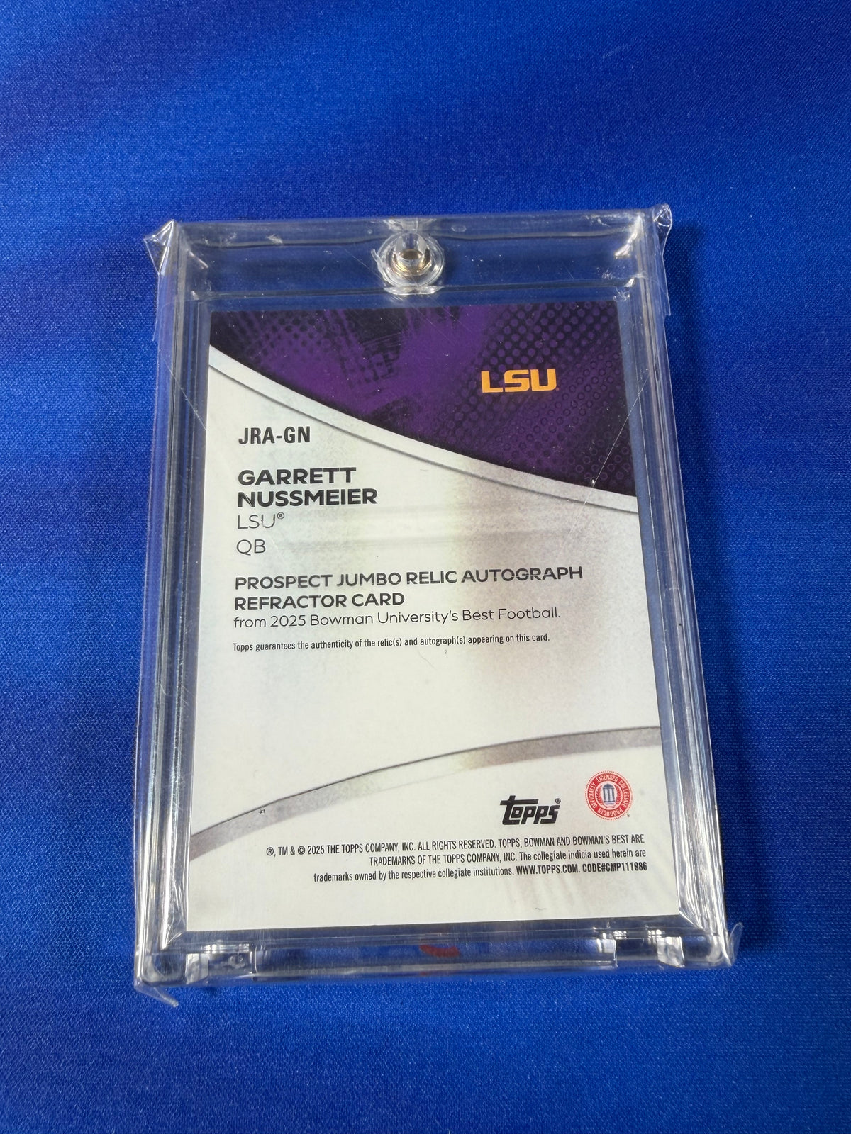 Garrett Nussmeier 2025 Bowman University's Best Football #JRA-GN Refractor Autograph Jumbo Relic