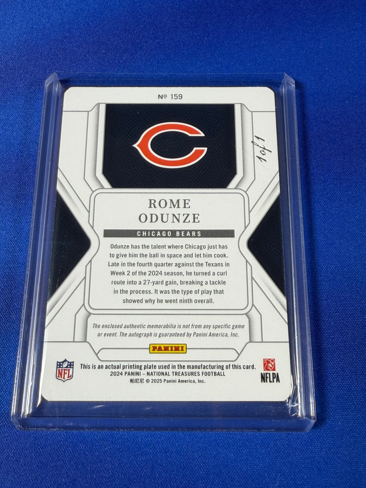 Rome Odunze 2025 Panini National Treasures Football #159 Printing Plate Autograph Printing Plate Patch