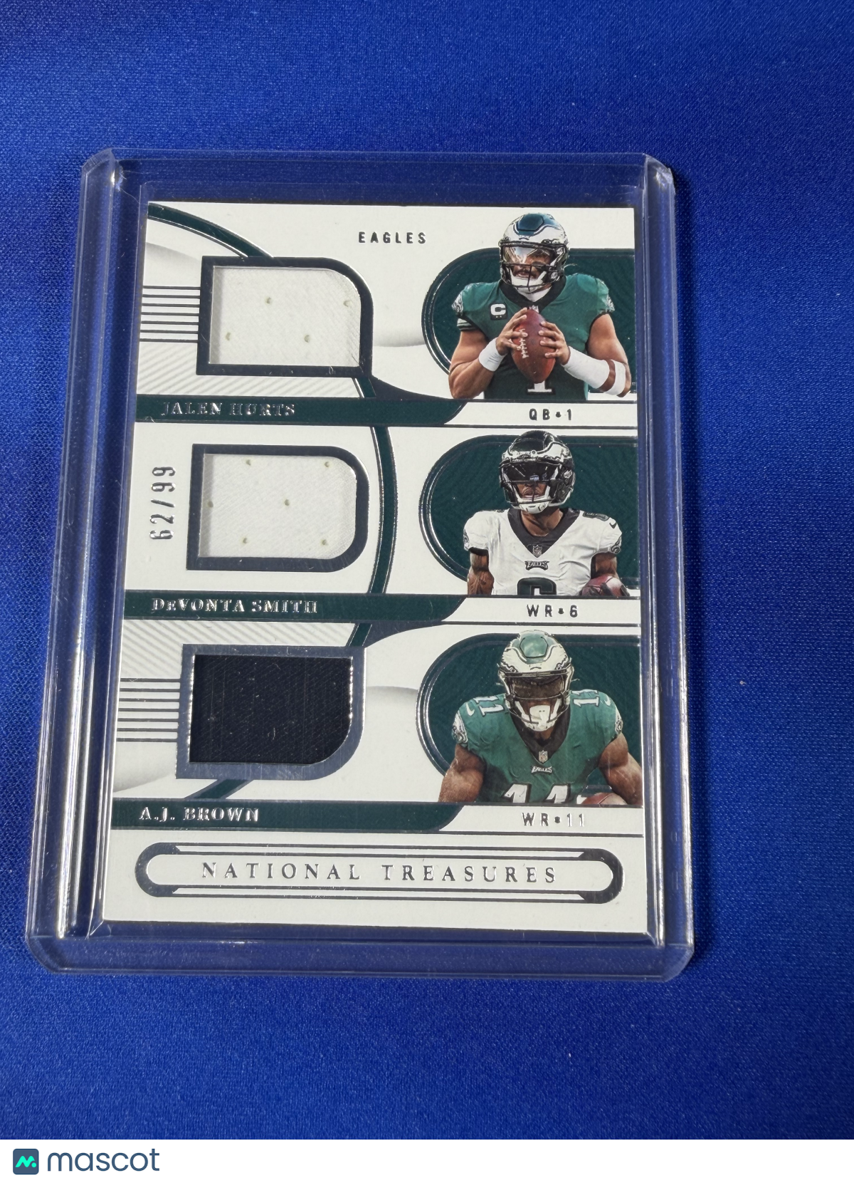 Jalen Hurts DeVonta Smith A.J. Brown 2023 Panini National Treasures #GTM-PHI /99 Triple Patch Memorabilia