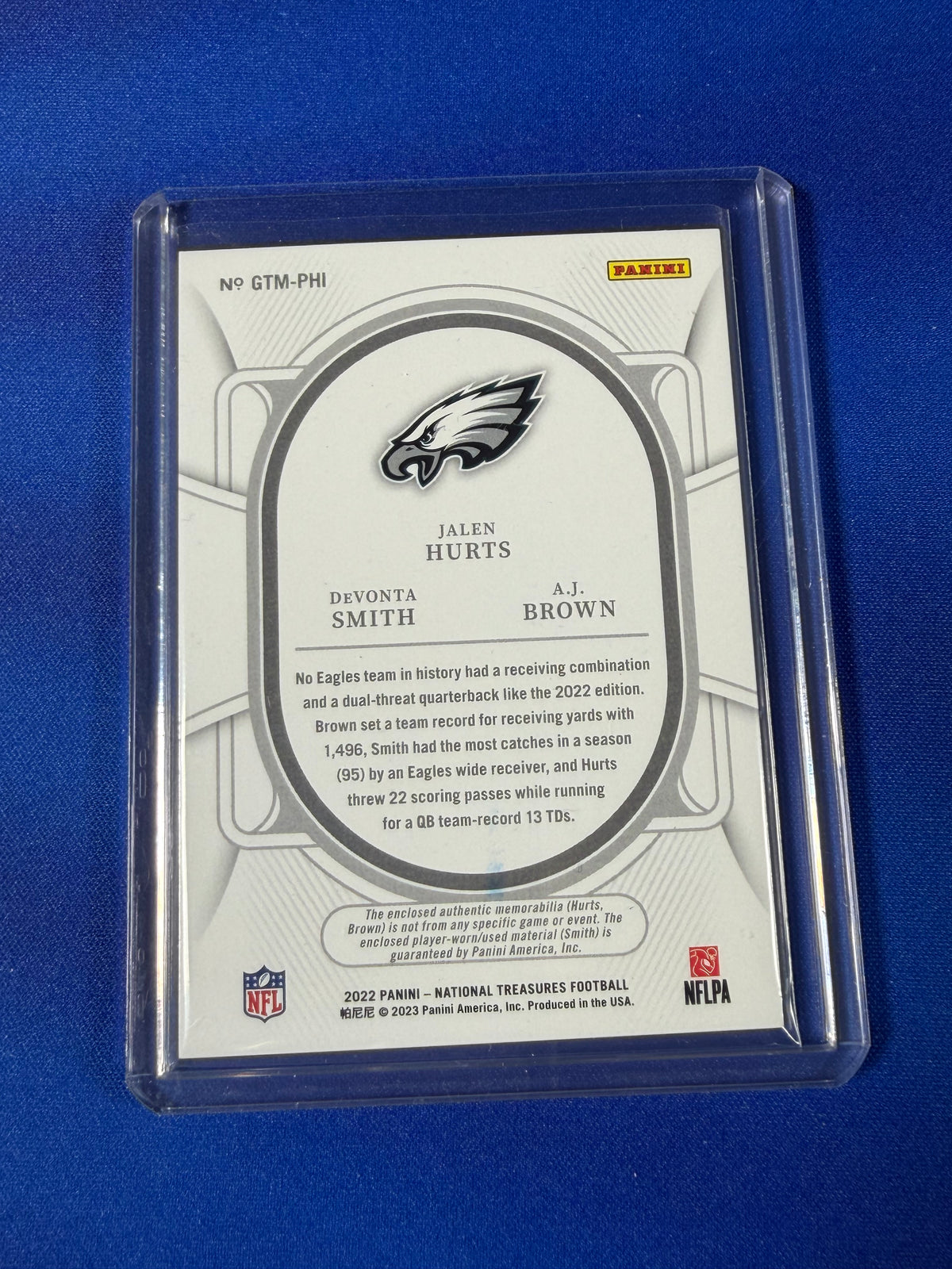 Jalen Hurts DeVonta Smith A.J. Brown 2023 Panini National Treasures #GTM-PHI /99 Triple Patch Memorabilia