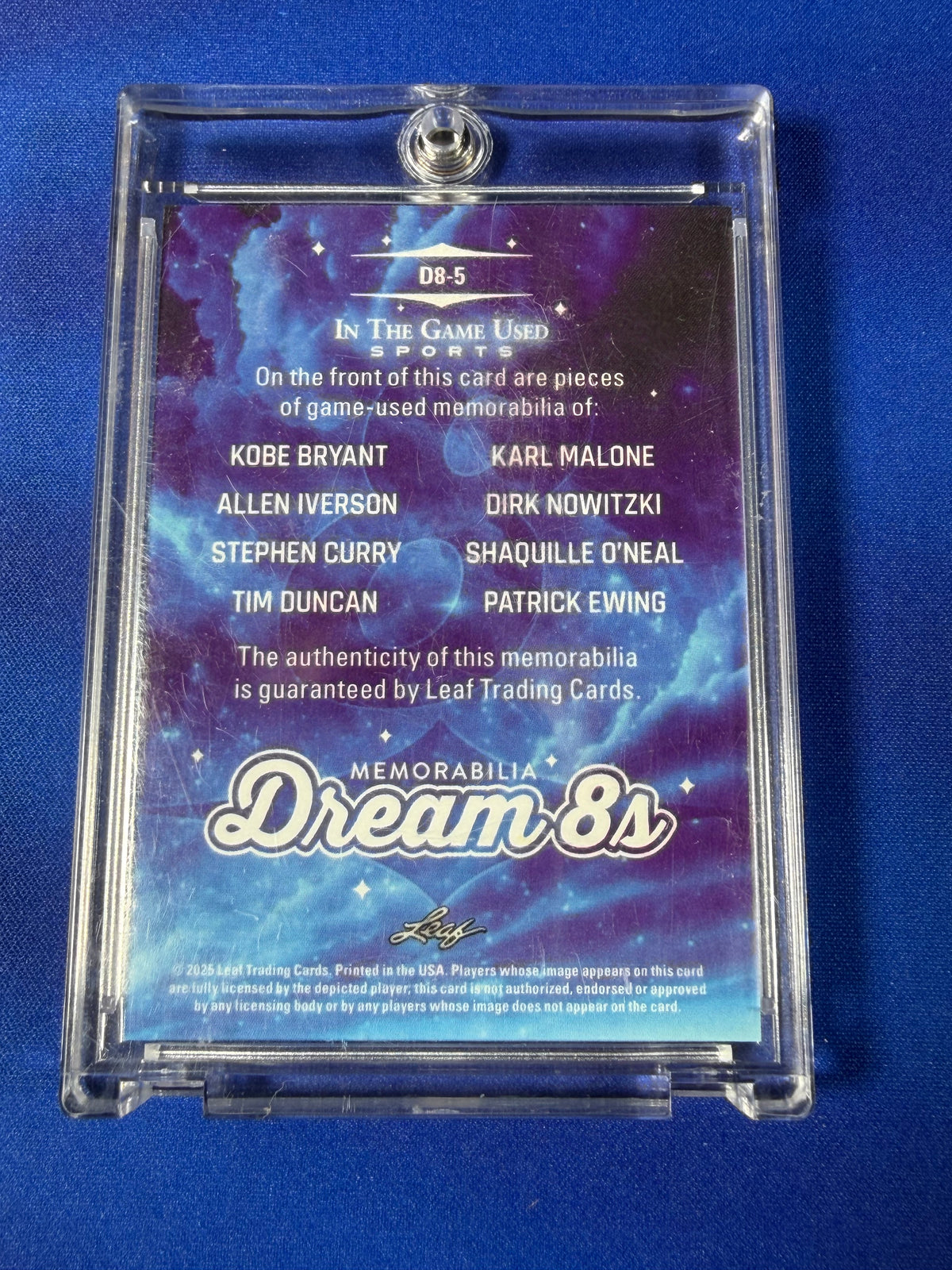 Stephen Curry Allen Iverson Karl Malone Patrick Ewing Tim Duncan Shaquille O'Neal Dirk Nowitzki Kobe Bryant 2025 Leaf In The Game Used Sports Dream 8s #D8-5 /5 Multi-Player Jersey Dual Patch Memorabilia