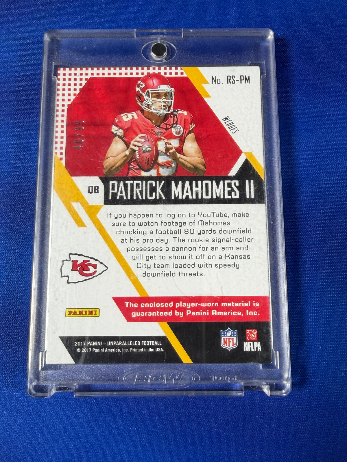 Patrick Mahomes II 2017 Panini Unparalleled #RS-PM /99 Player-Worn Material