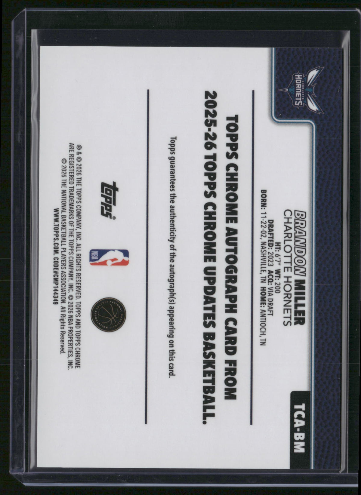 Brandon Miller 2026 Topps Chrome Updates Basketball #TCA-BM Green /99