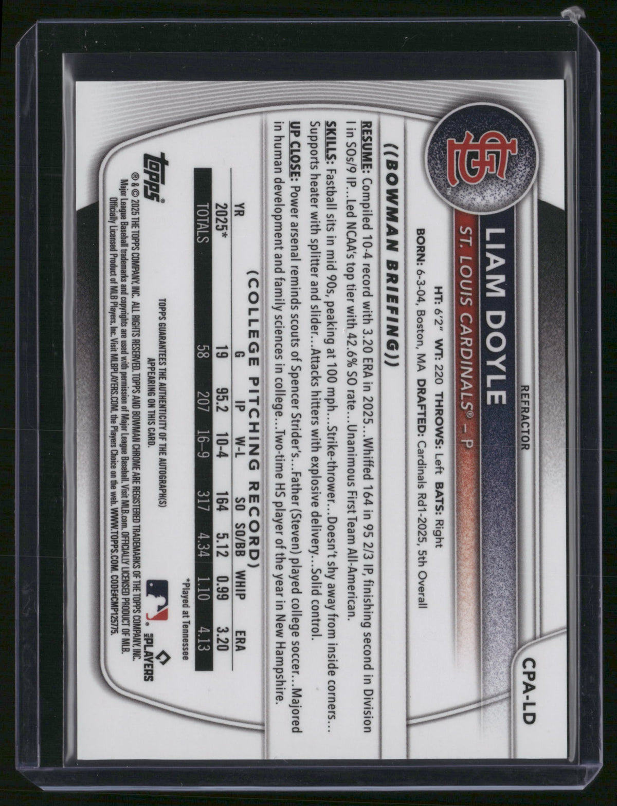 Liam Doyle 2025 Bowman Chrome #CPA-LD Refractor 1st Auto /499
