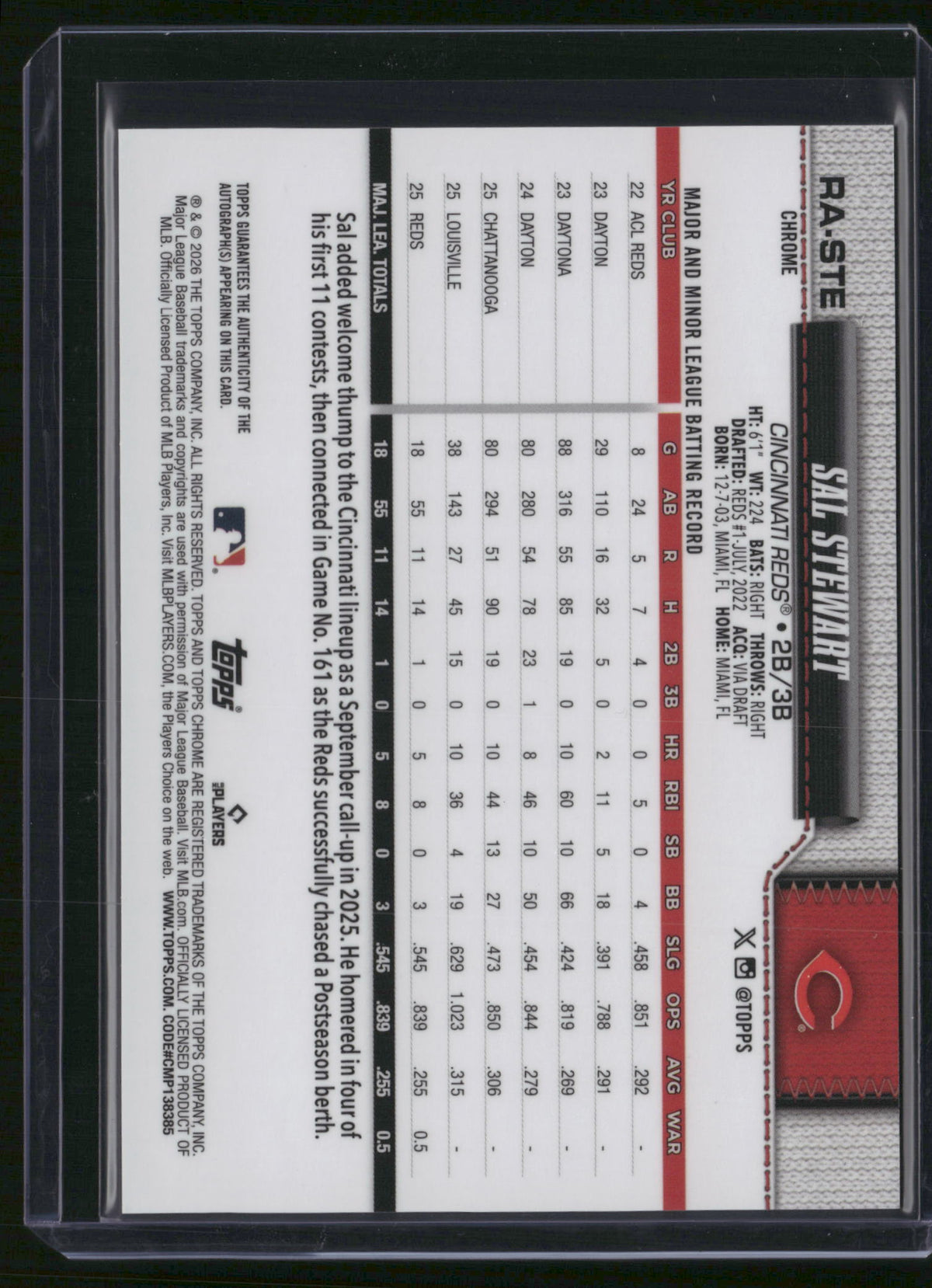 Sal Stewart 2026 Topps Chrome #RA-STE RC Auto Reds