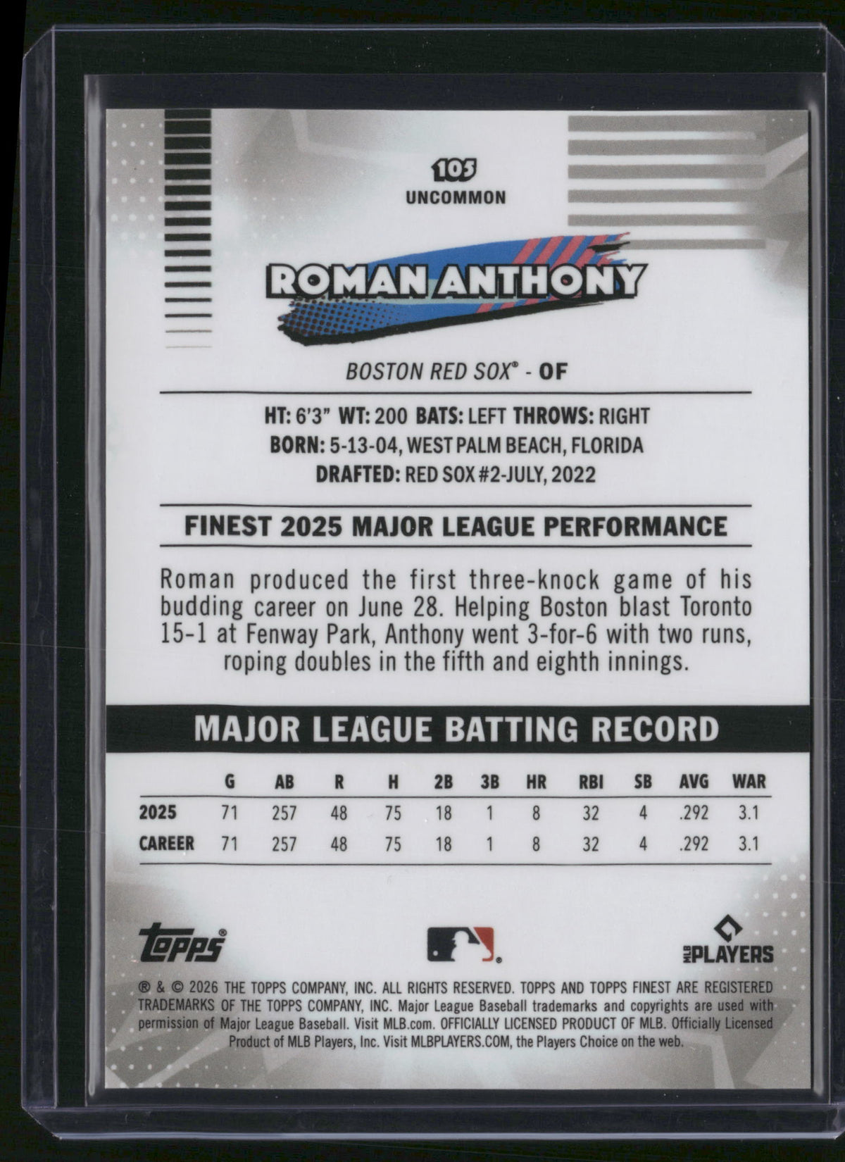 Roman Anthony 2026 Topps Finest #105 Gold Refractor /50 RC