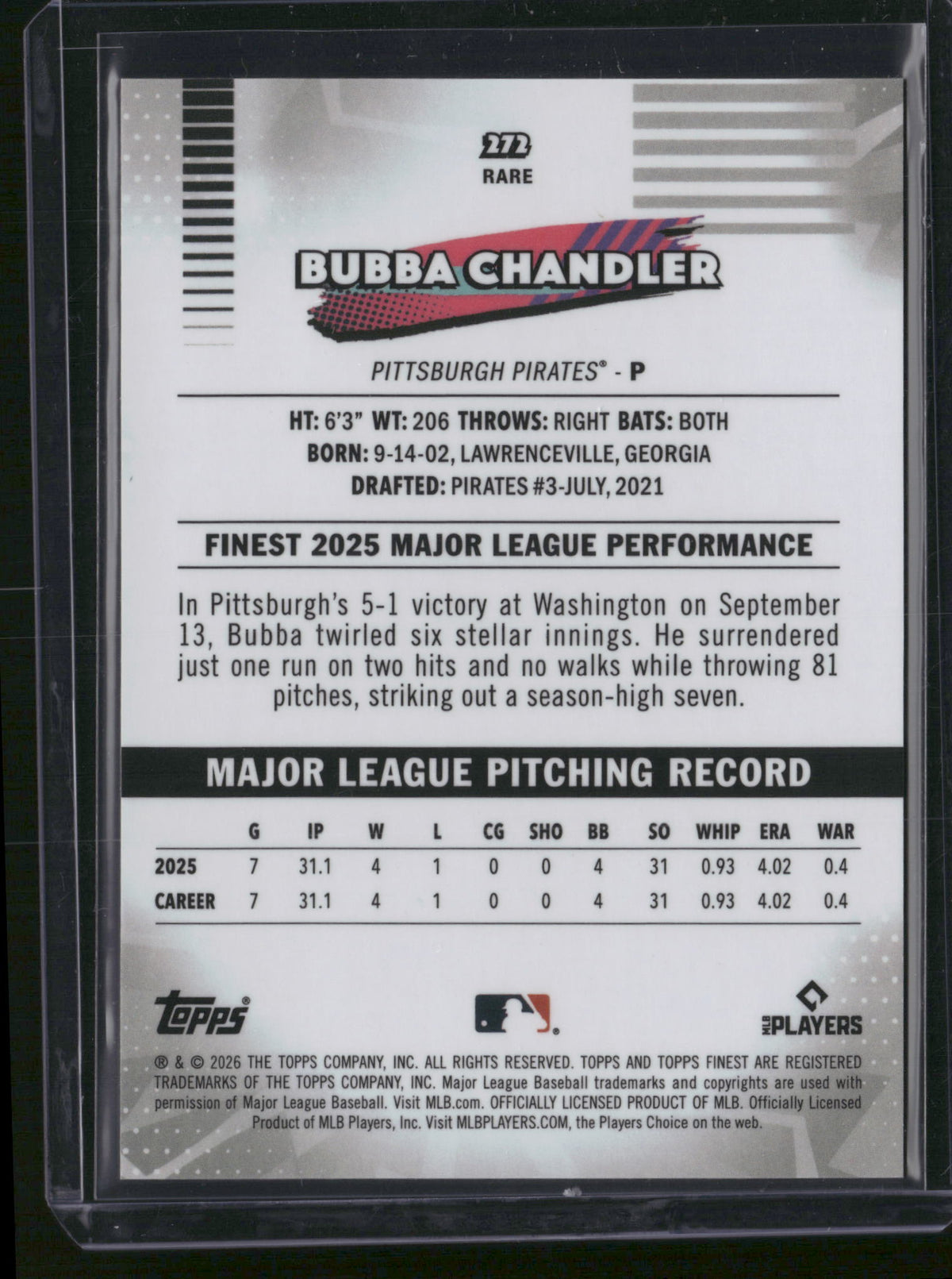Bubba Chandler 2026 Topps Finest #272 Gold Mini Diamond /50 RC